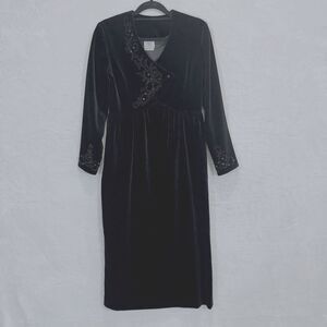 VTG Laura Ashley Dress 80s 90s Black Velvet Beaded Long Sleeve Midi 8